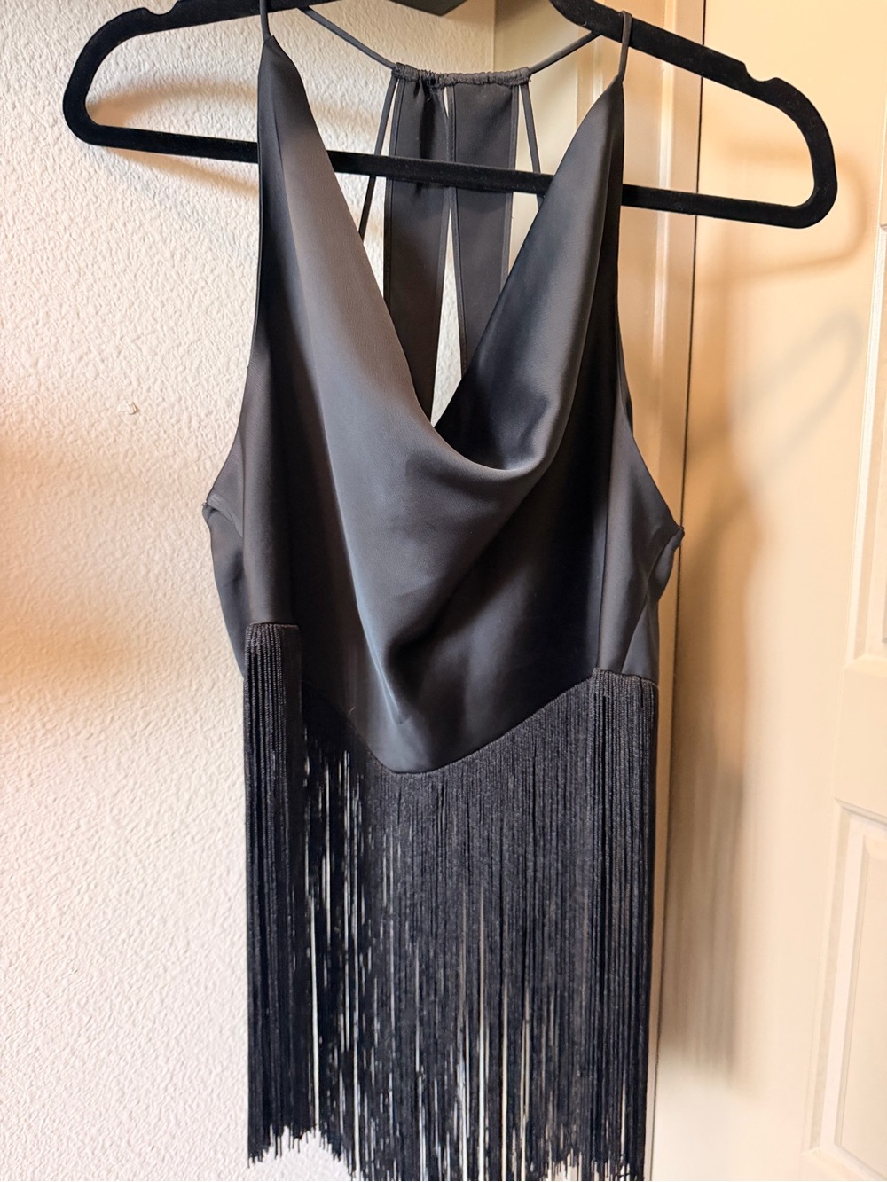 Zara Black Satin Cowl Neck Fringe Tank Top